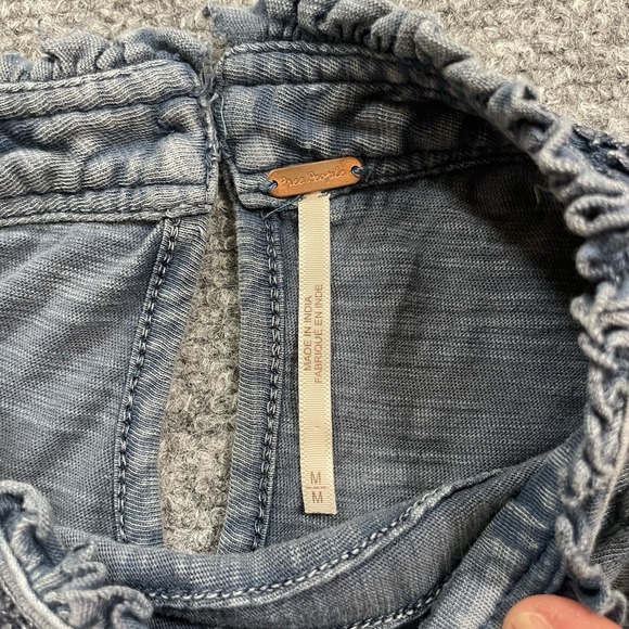 Free People Le Femme Ruffled Pintuck Top Blouse Med Blue Boho Babydoll Peasant - Picture 9 of 12